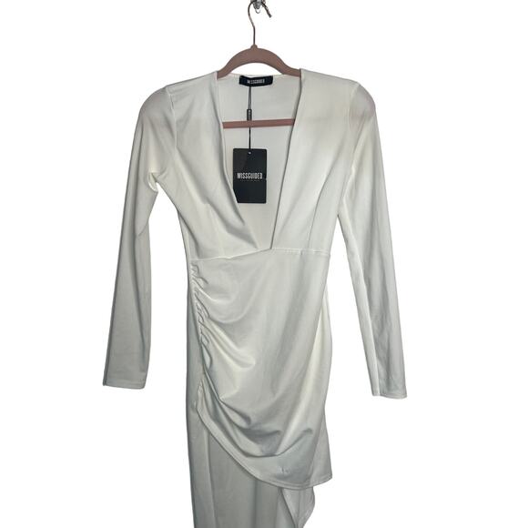 NWT Missguided Long Sleeve Asymmetrical Low Cut V Neck Bodycon White Dress 2 - Picture 2 of 6